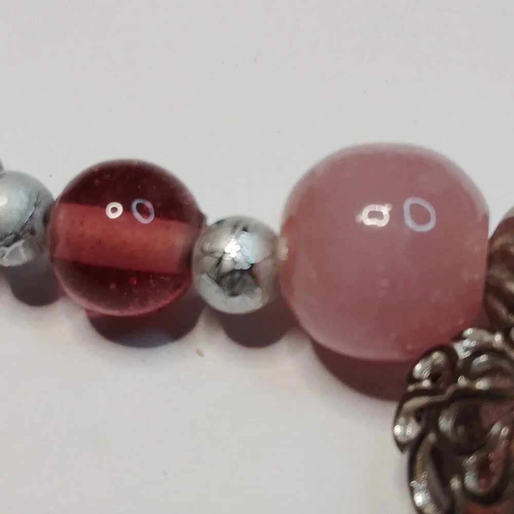 Artisan Made Vintage Pink Glass Bead Necklace Filigree Heart Dangle 19